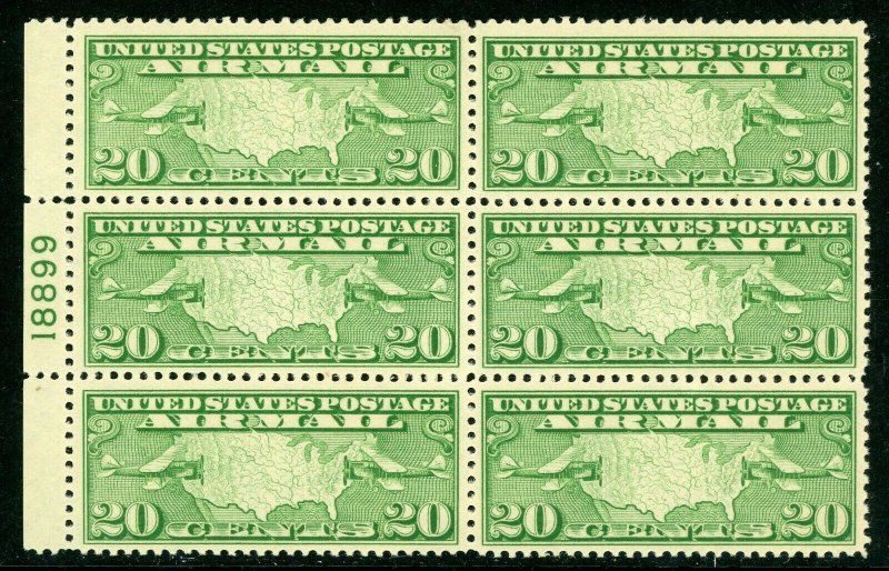 USA 1927 Airmail 20¢ Plate Number Block of 6 Scott C9 MNH D695