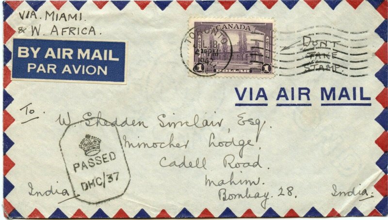 $1.00 single use via Miami, Brazil & West Africa to INDIA, 1942 cover Canada