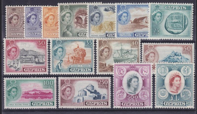 Cyprus Sc 168-182 MLH. 1955 QEII Definitives cplt VLH & VF