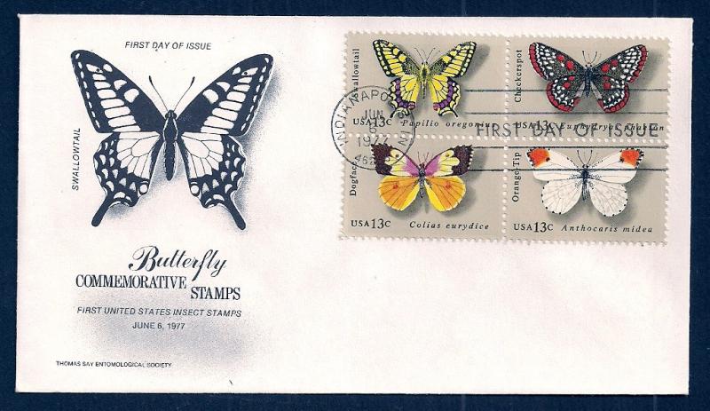 UNITED STATES FDC 13¢ Butterflies BLOCK 1977 Say Entomology