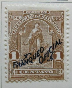 A6P37F44 Salvador Official Stamp 1899 Blue Optd 1c Mint No Gum-