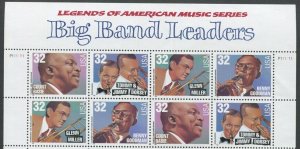 1996 Big Band Leaders-Header- Block Of 8 32c Stamps, Sc# 3096-3099, MNH, OG