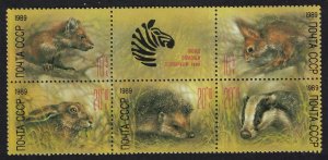 USSR Squirrel Hedgehog Hare Wild Animals Fauna 5v+label 1989 MNH SG#5981-5985