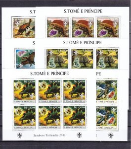 St. Thomas, Scott cat. 1511 a-f. Dinosaurs on 6 sheets. Scout Jamboree issue. ^