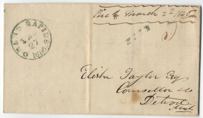 1846 Grand Rapids Michigan Stampless Cover GREEN handstamp and paid [2463.18]
