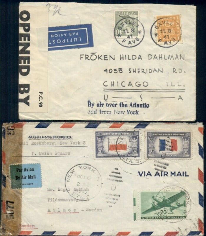 SWEDEN 1940'S GROUP OF 3 CENSORED WARTIME COVERS 2 TO U.S. 1 TO SWEDEN FROM U.S.