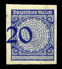 Germany #326a (Mi. 341U) Cat€450, 1923 20pf deep ultramarine, imperf. singl...