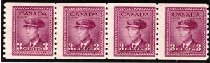 266, Scott, 3c, rose violet, Coil strip of 4, MNHOG, Canada Postage Stamp