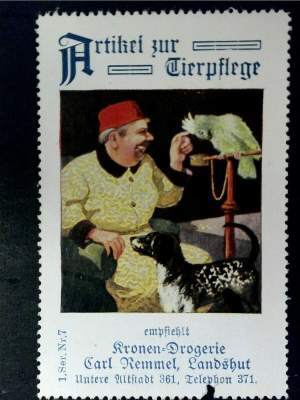 Cinderella Poster Stamp Reklamemarke -Man with Parrot & Dog-Pet Food Ad  - 18720