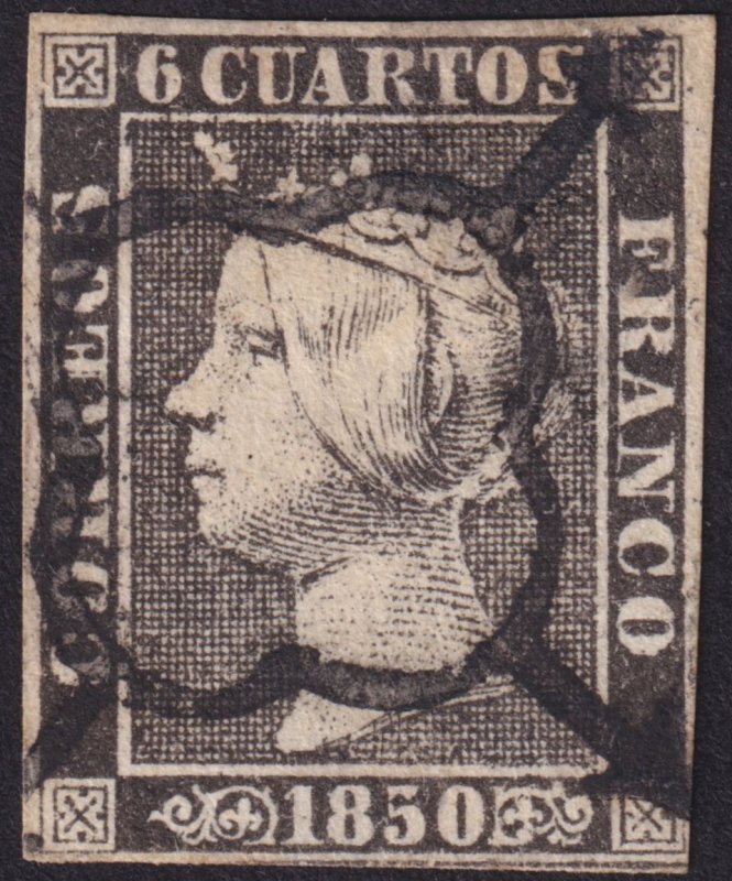 Spain 1850 #1e vf u vf; 6c Intense Black w/Black Spider Cancellation