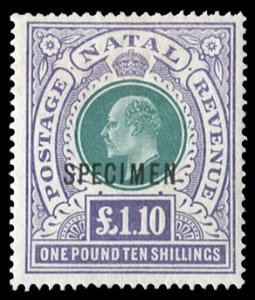 Natal #97S (SG 143s) Cat£100, 1902-3 £1.10 violet and blue green, overprint...