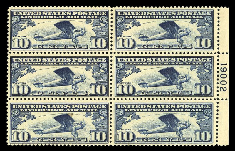 United States, Air Post #C10 Cat$130, 1927 10c Lindbergh, plate block of six,...