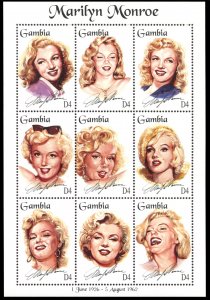 Gambia 1601, MNH, Marilyn Monroe miniature sheet of 9