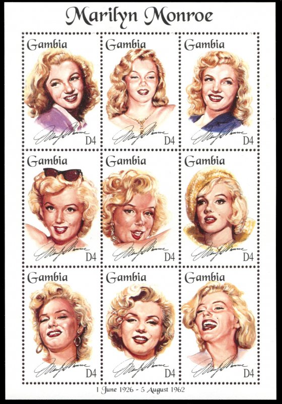 Gambia 1601, MNH, Marilyn Monroe miniature sheet of 9