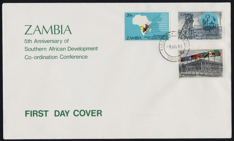 Zambia 324-6 on FDC - SADCC, Map, Mining, Flags, Mulungushi Hall