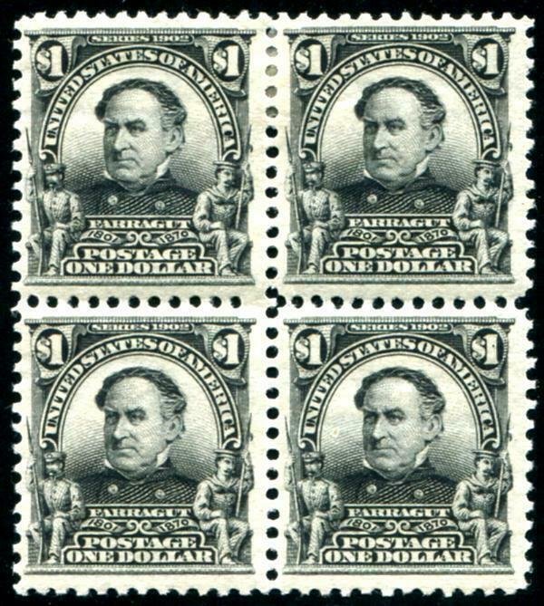 HERRICKSTAMP UNITED STATES Sc.# 311 $1.00 Farragut Block of 4, 2 Hinged, 2 NH