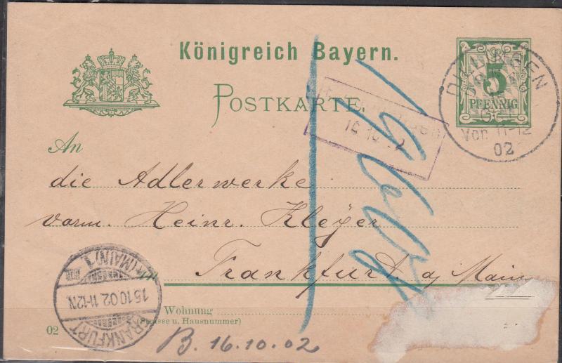 Bavaria - 15.10.1902 postcard Dillungen - Frankfurt (1436)