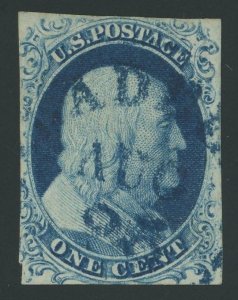 USA 7 - 1 cent Franklin Imperf Type II - F/VF Used with Blue CDS cancel