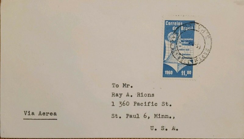 A) 1960, BRAZIL, SHIPPED TO UNITED STATES, AERIAL, WORLD VOLLEYBALL CHAMPIONSHIP 