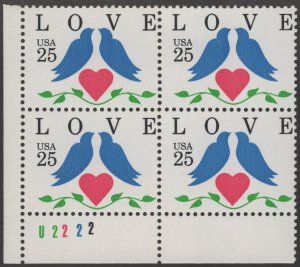 SC#2440 25¢ Love Plate Block: LL #U2222 (1990) MNH