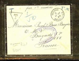 MAURITIUS  (P2909B) 1940 F.M. CENSURED STAMPLESS MOURNING COVER TAXED TO FRANCE.