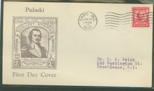 US 690 1931 2c General Pulaski Commemorative (single) on an addressed FDC with a Roessler cachet and a Gary, Ind cancel