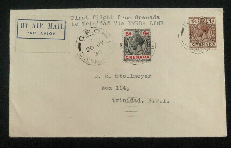 1930 St George Grenada First Flight Cover FFC To Trinidad Via NYRBA Line