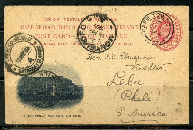 SOUTH AFRICA CAPE TOWN 3/14/1906 PS CARD TO LEBU, CHILE 4/25/1906 AS SHOWN (V)