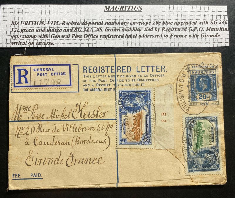 1935 Mauritius Stationery Registered Letter Cover To Gironde France 