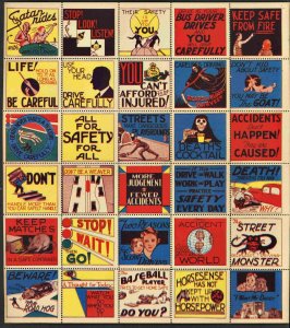 1930s Insurance Company Safety Poster Stamps ( SHEET OF 30 )