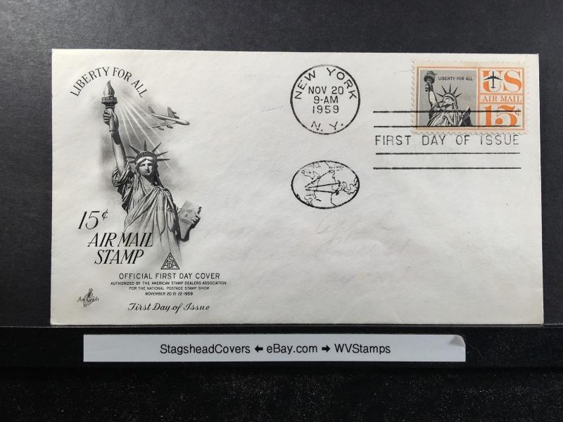 US FDC 20 Nov 1959 Art Craft Cachet Liberty For All 15 Cents Airmail Stamp NY