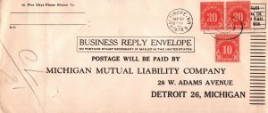 BUSINESS REPLY ENVELOPE UNFRANKED AND FINED 70c DUE VIA PAIR OF 30c + 10c (1955)