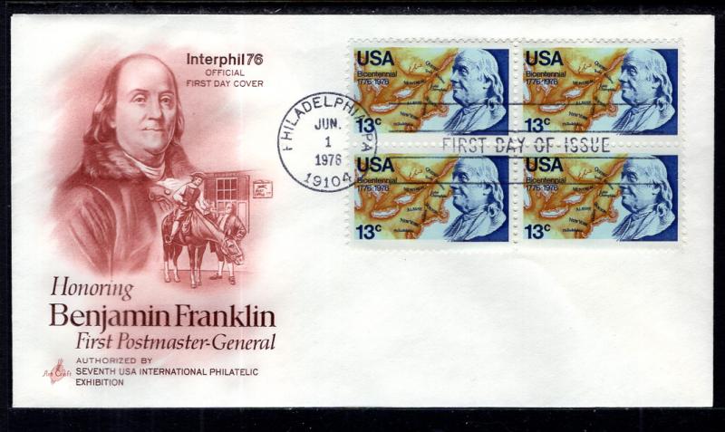 US 1690 Ben Franklin Block of Four Artcraft U/A FDC