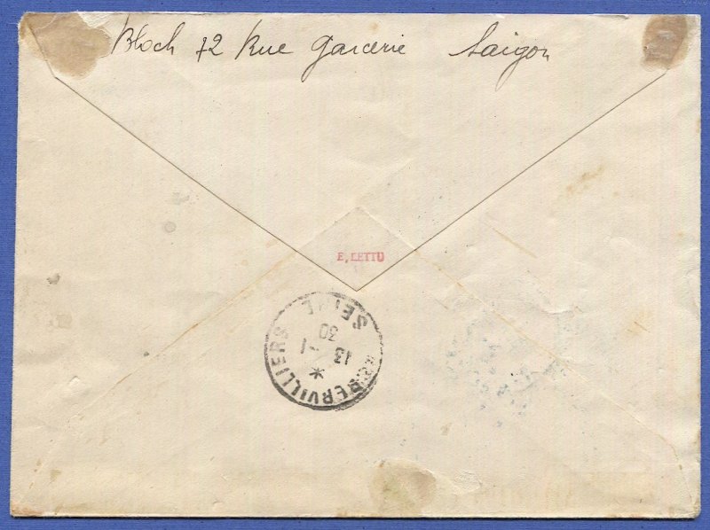 INDO CHINA France 1929 Reg. Airmail First Flight cover, SAIGON to Seine, France