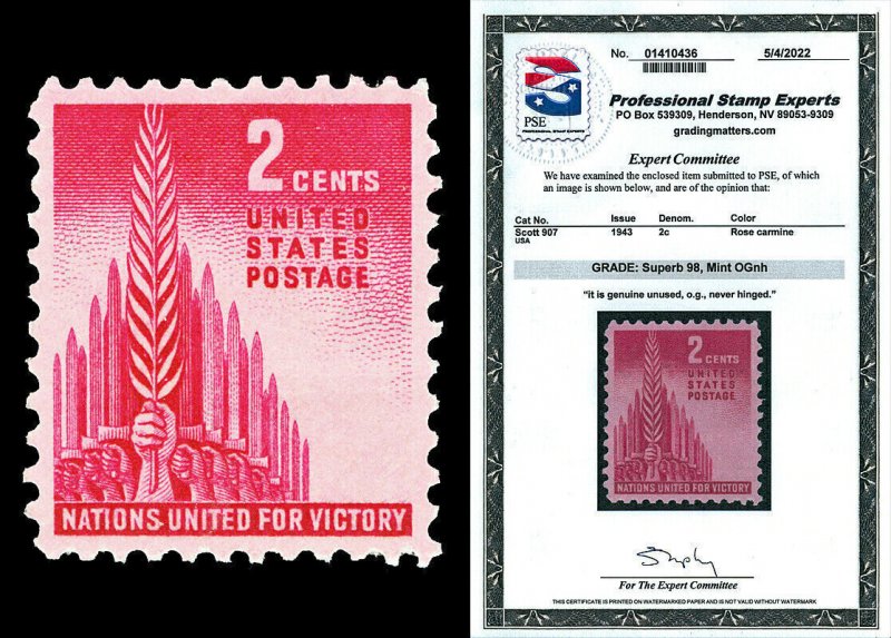 Scott 907 1943 2c Allied Nations Issue Mint Graded Superb 98 NH with PSE CERT!