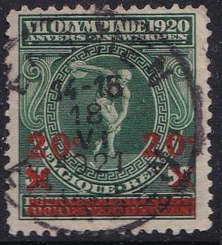 Belgium 140 (used) 20c on 5c+5c Antwerp Olympics: discus thrower, dp grn (1921)