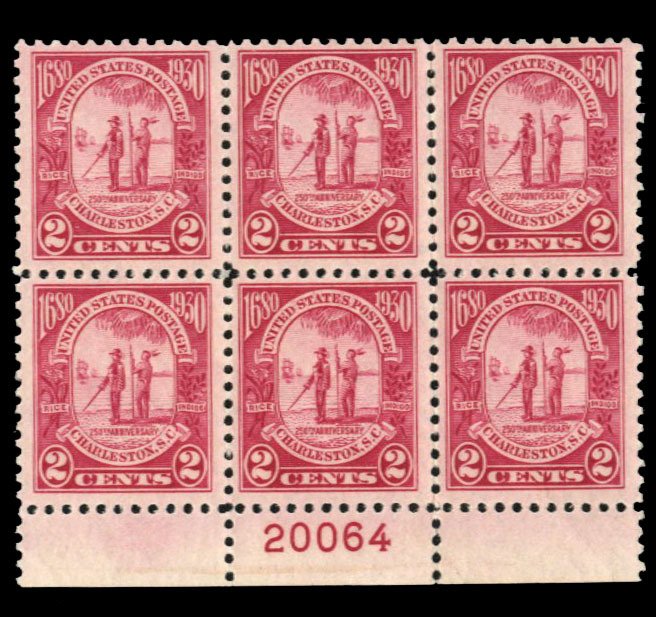 United States, 1910-30 #683 Cat$50, 1930 2c Carolina-Charleston, plate block ...