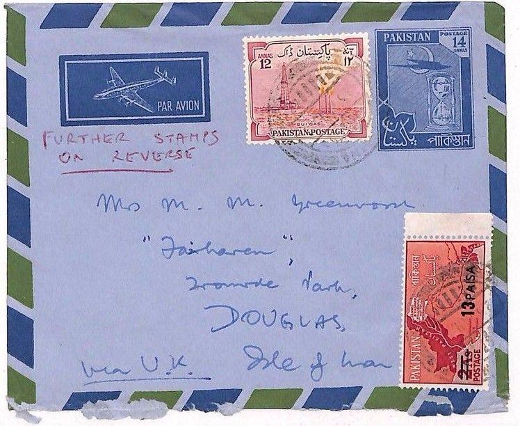 Pakistan Cover UP-RATED AIR STATIONERY Douglas IOM {samwells-covers} 1950s UU148