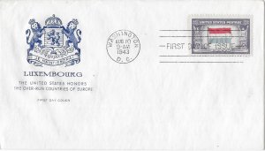 1943 FDC, #912, 5c Overrun Country - Luxembourg, House of Farnam, machine cancel