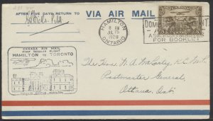 1929 Pilot Signed Flight Cover Hamilton ONT to Toronto #2945n Hicks
