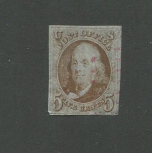 1847 United States Postage Stamp #1 Used Red Cancel F/VF