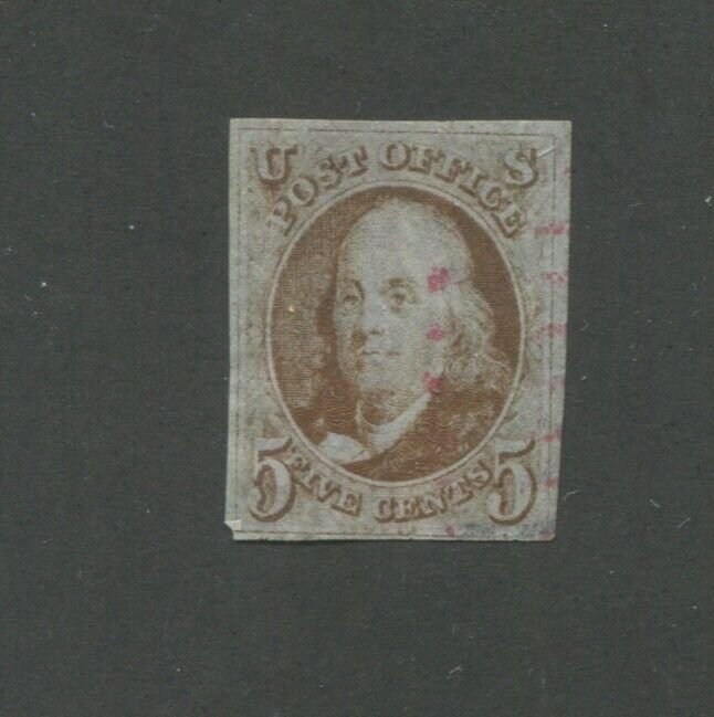 1847 United States Postage Stamp #1 Used Red Cancel F/VF 