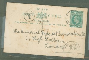 Trinidad  1906 ED VII 1/2 c green postal card, underpaid marked postage due, foxing front and back, nice message