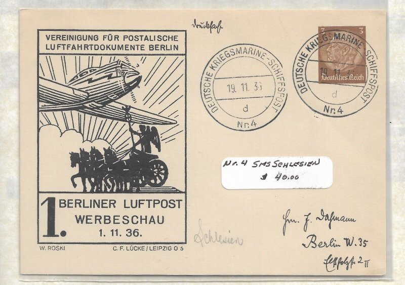 WW2: German Naval Feldpost: M-4 KMS Schlesien 11/19/33 (54700)