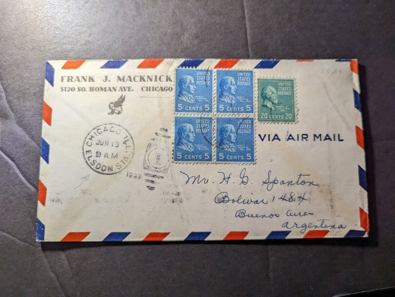 1939 USA Airmail Cover Chicago IL to Buenos Aires Argentina