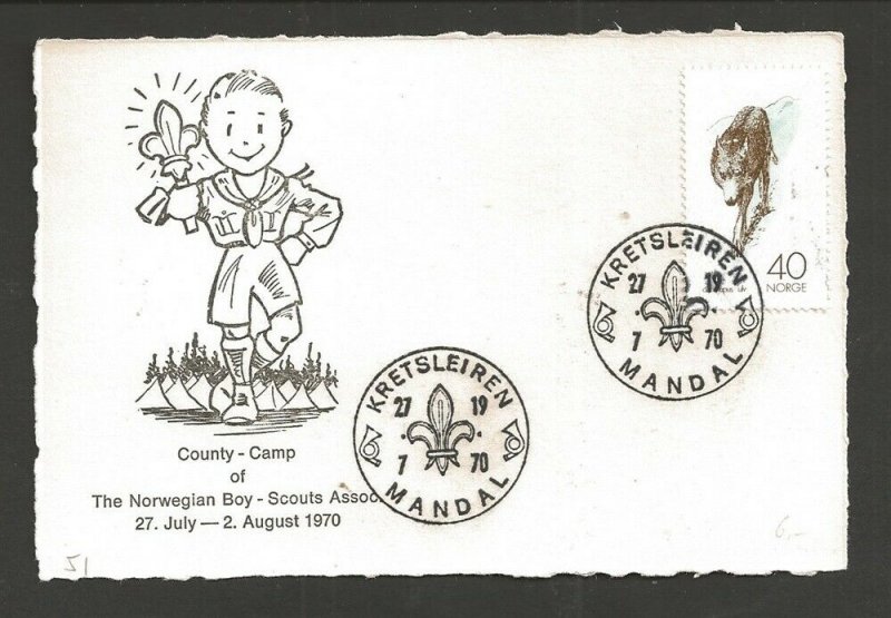 Norway 1970 Boy Scout County-Camp Kretsleiren Mandal postcard cancel