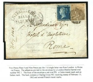 GB SG.86 9d Cover HISTORIC LETTER re *QUEEN IN MOURNING* 2d Blue 1862 Italy 237b