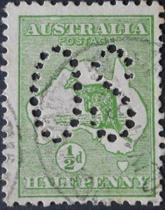 Australia 1913 1/2d Kangaroo Official with ROSTAGE flaw 2nd state used