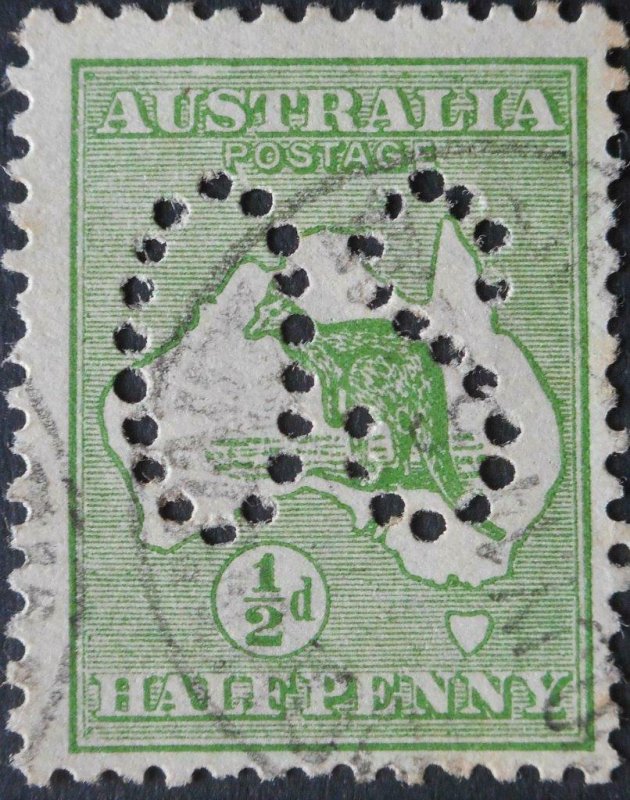 Australia 1913 1/2d Kangaroo Official with ROSTAGE flaw 2nd state used