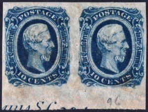 CSA SC#12 10¢ Jefferson Davis Margin Pair (1864) No Gum